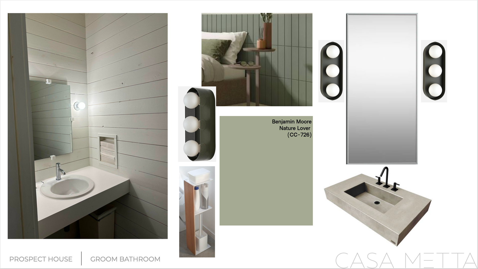 Mood board for a bathroom renovation featuring sage green, neutral tones, a concrete sink, wall-mounted lights, and a mirror.