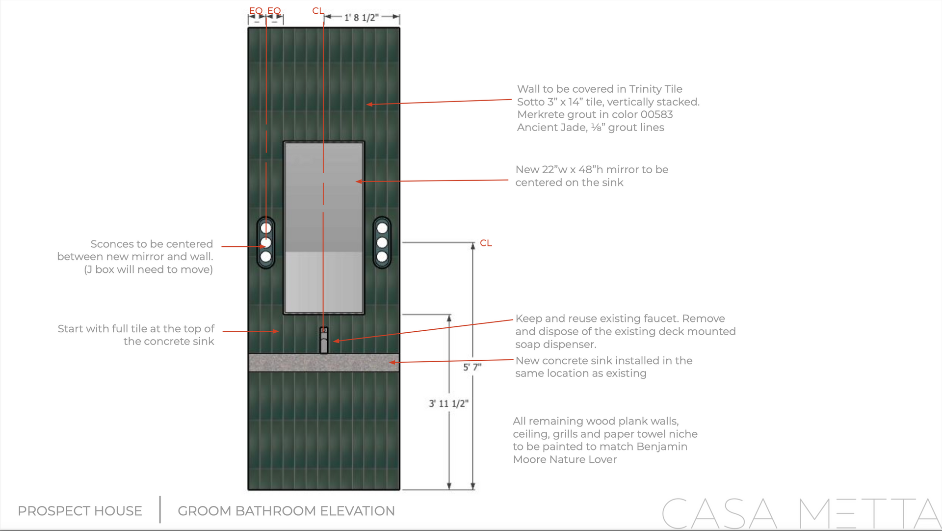 Architectural elevation drawing for a bathroom, detailing wall placement and dimensions for a mirror and sink area.