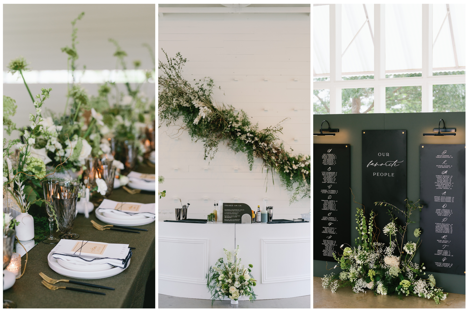 A collage showing wedding decor: a floral-lined dining table, a white bar with greenery, and a chalkboard seating chart.