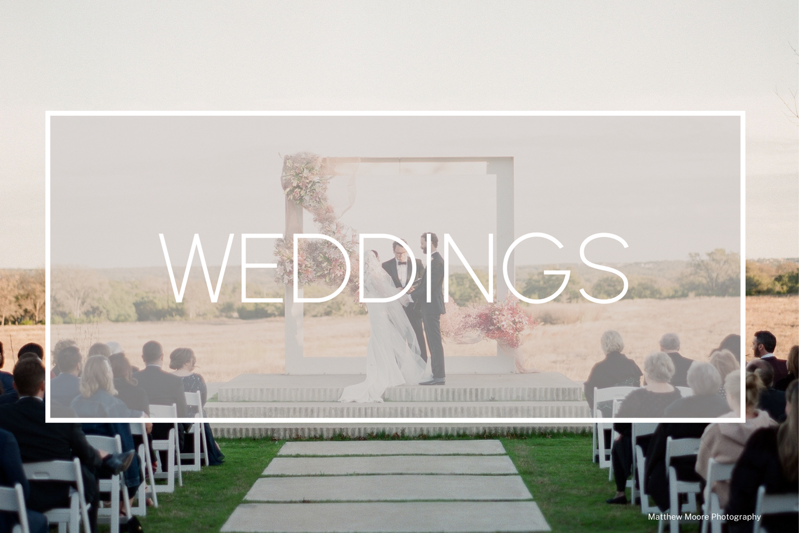 A couple stands at an outdoor altar during a wedding ceremony before seated guests, with the text