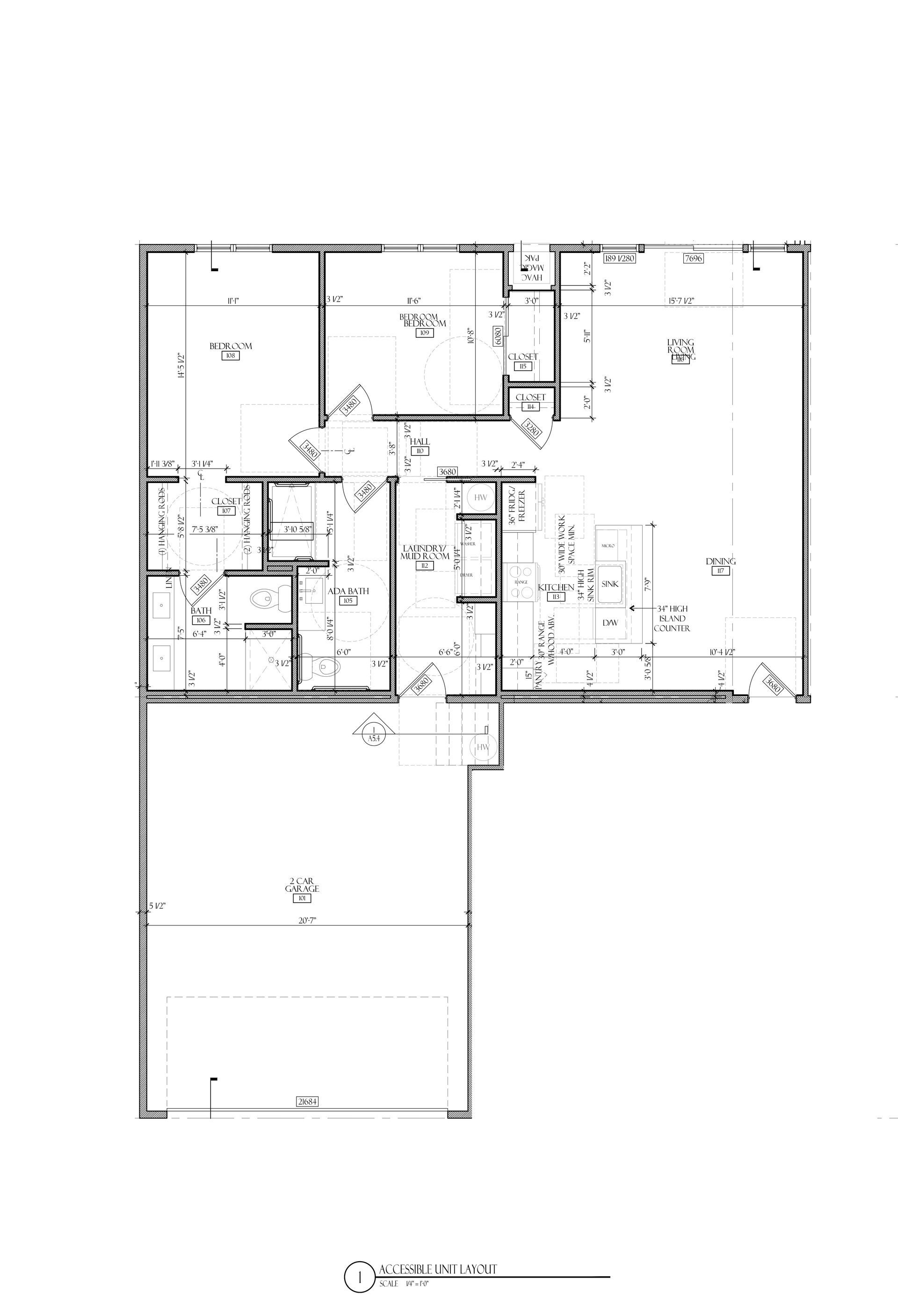 2 bed 2 bath ADA Black-and-white architectural floor plan drawing with room layouts and labels.