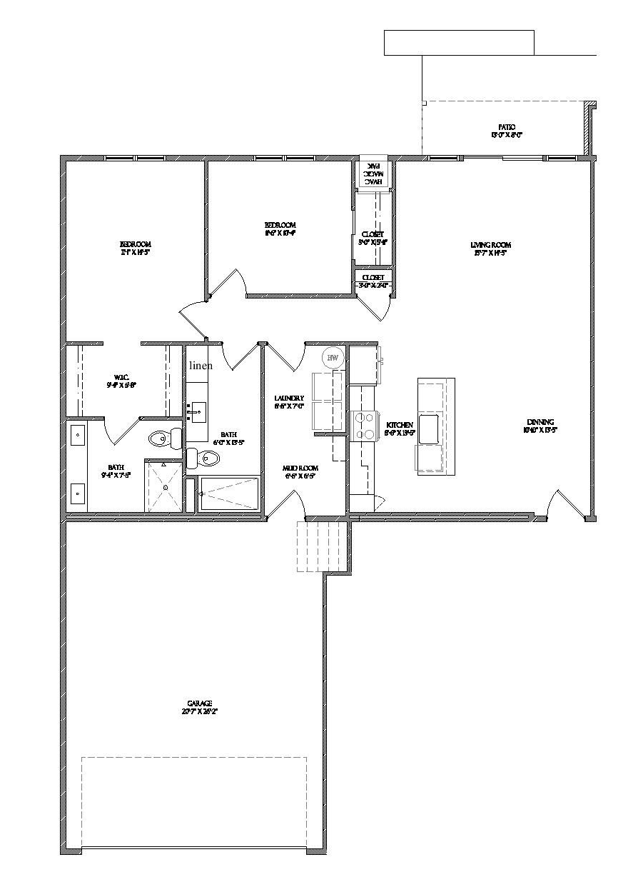 2 bed 2 bath Black-and-white architectural floor plan of a house with labeled rooms and hallways.
