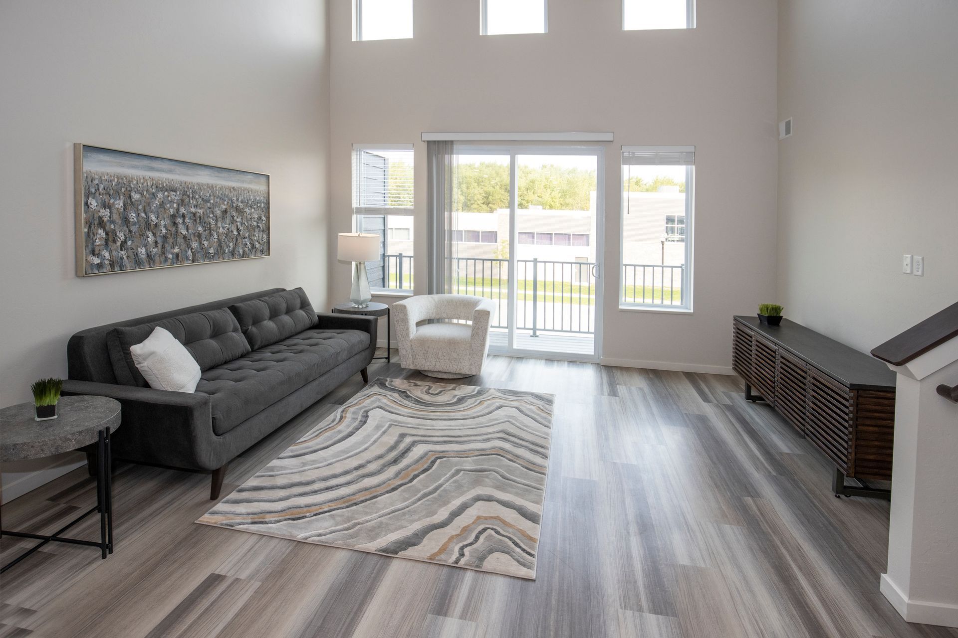 Bright living room with gray sofa, patterned rug, large windows, and sliding glass doors.