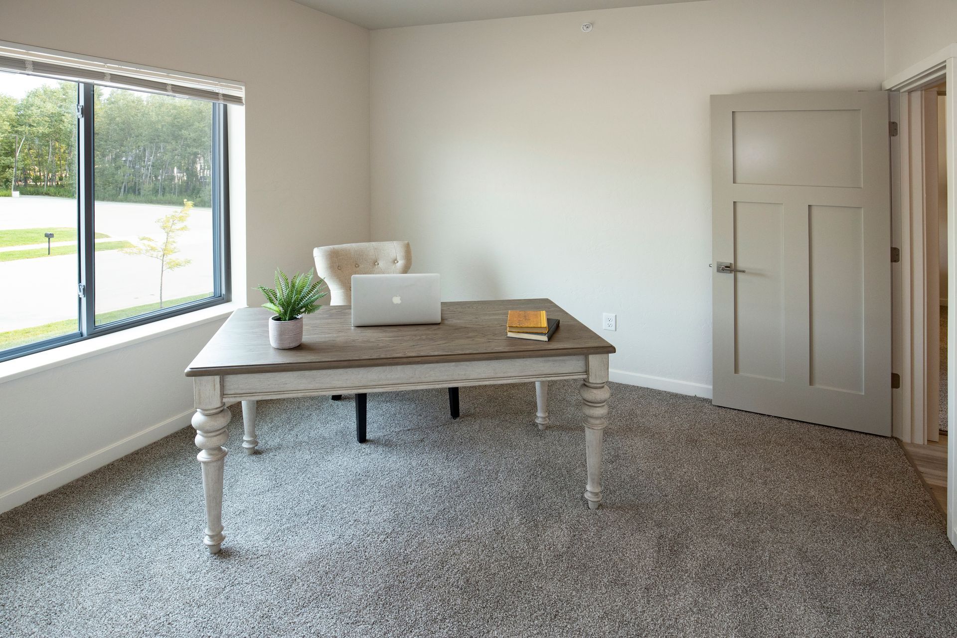 Bright home office with a wooden desk, laptop, potted plant, carpeted floor, and window light