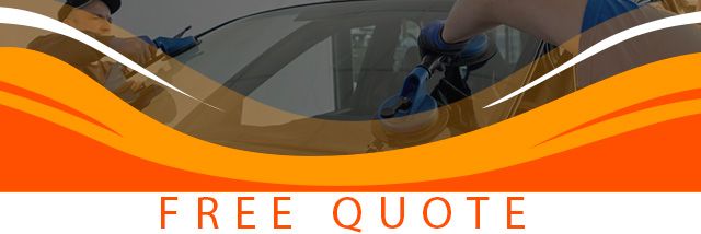 Free Auto Glass Quote Banner. Orange banner in front of two people replacing a windshield.