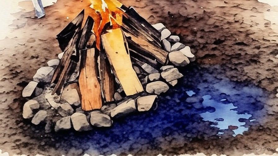 Een zwart-witfoto van een kampvuur in het zand.