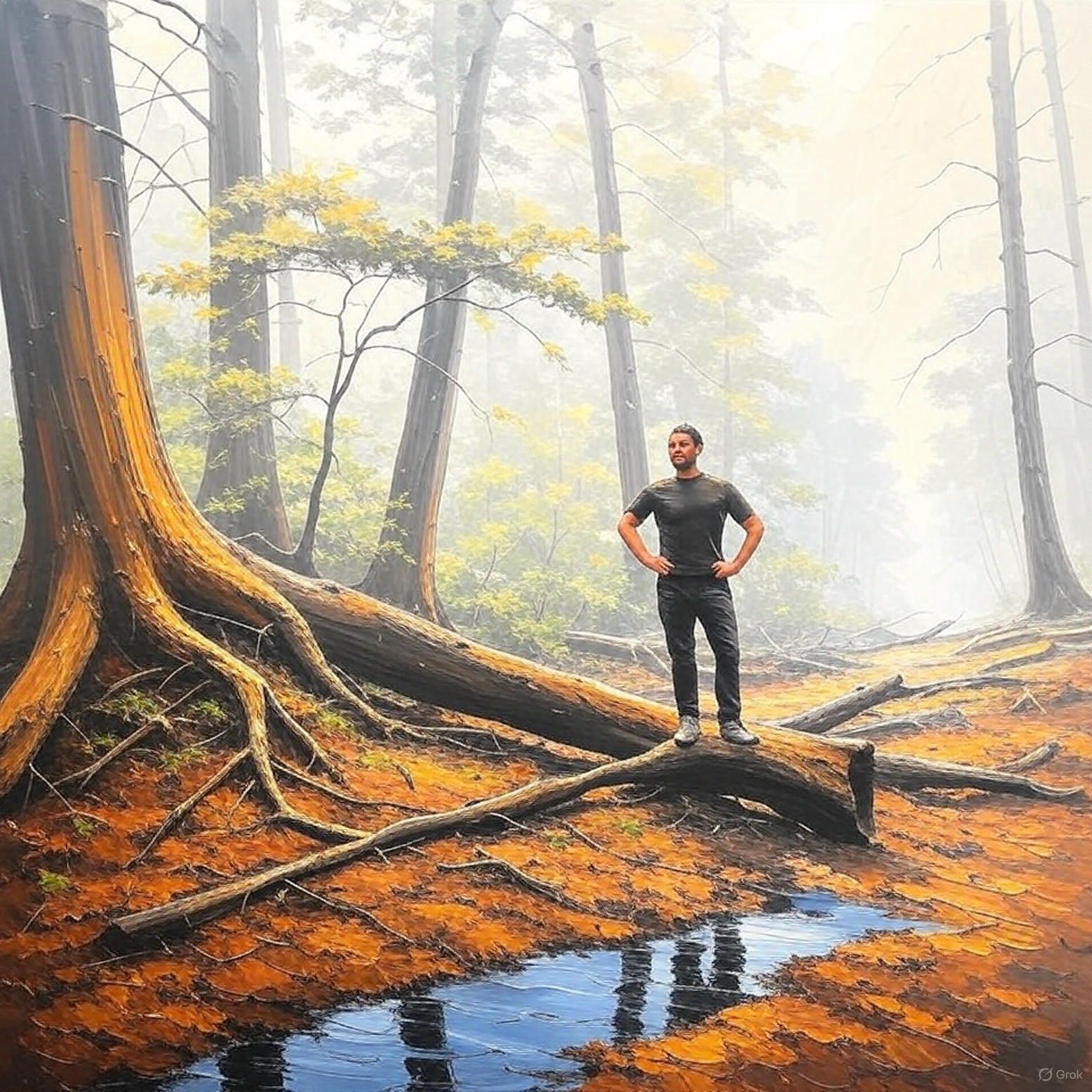 Een zwart-witfoto van een man die op een boomstam in het bos staat.