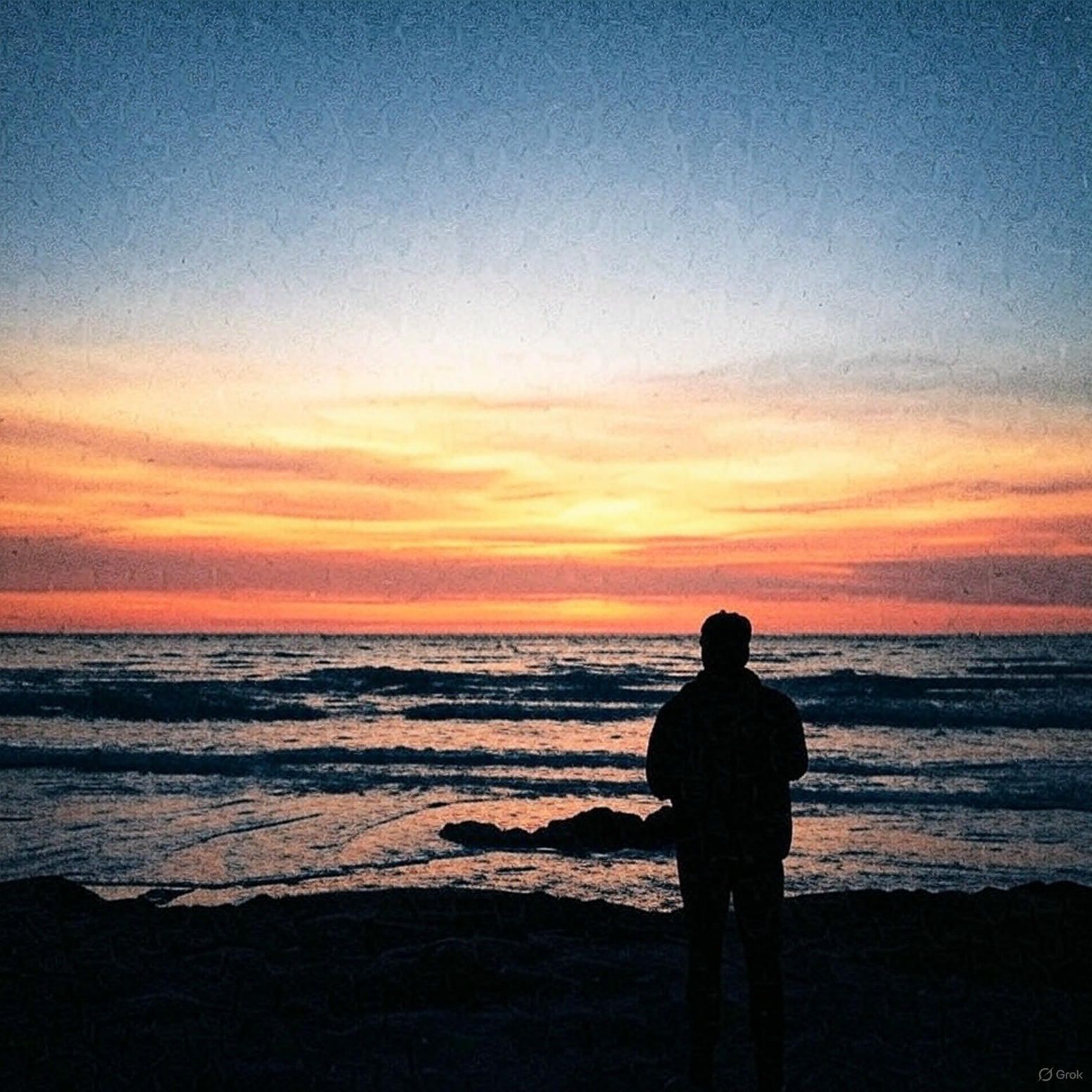 Een zwart-witfoto van een persoon die op een strand staat