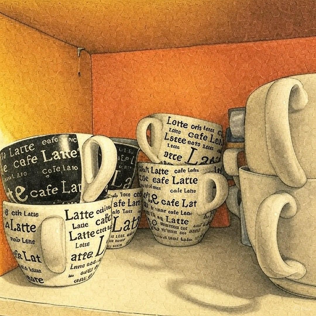 Een stapel koffiekopjes met het woord latte erop