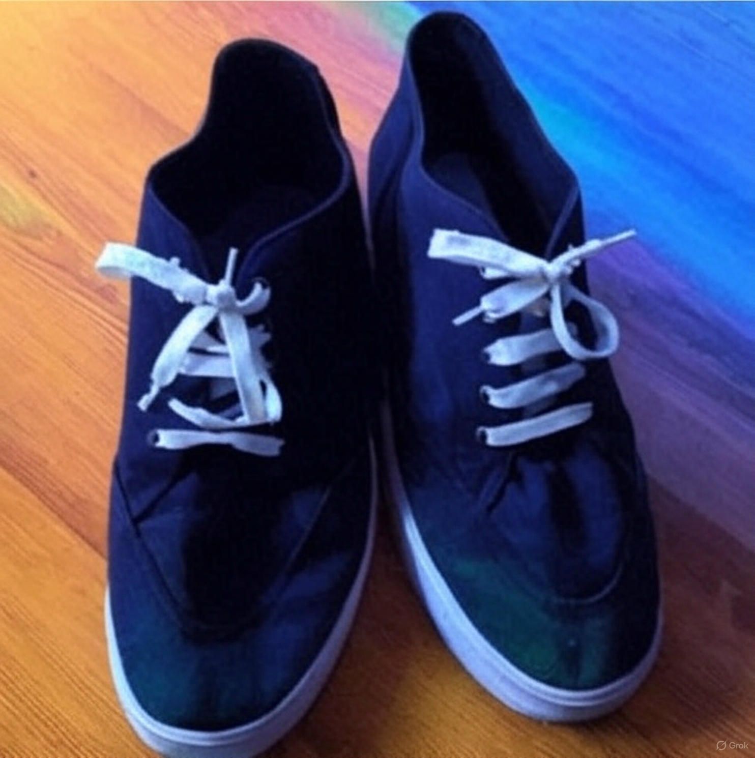 Een paar zwarte schoenen met witte veters op een houten vloer