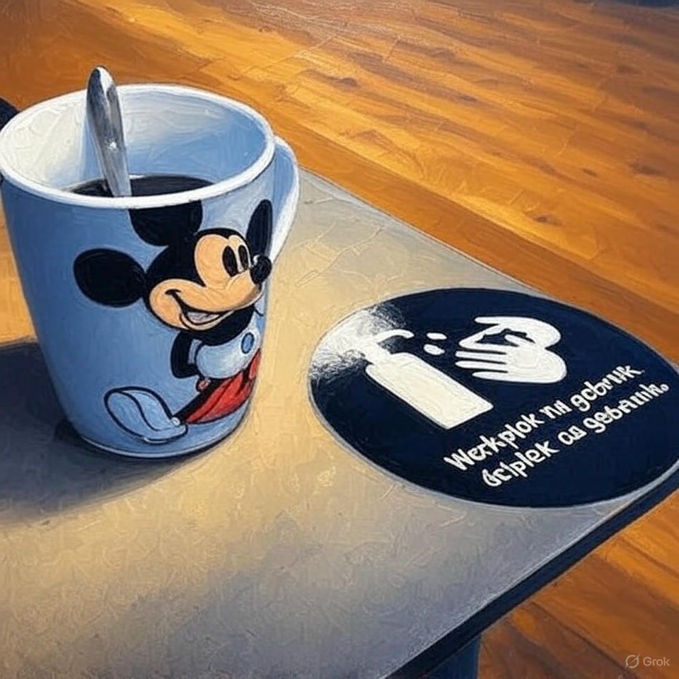 Een zwart-witfoto van een Mickey Mouse-mok op een tafel