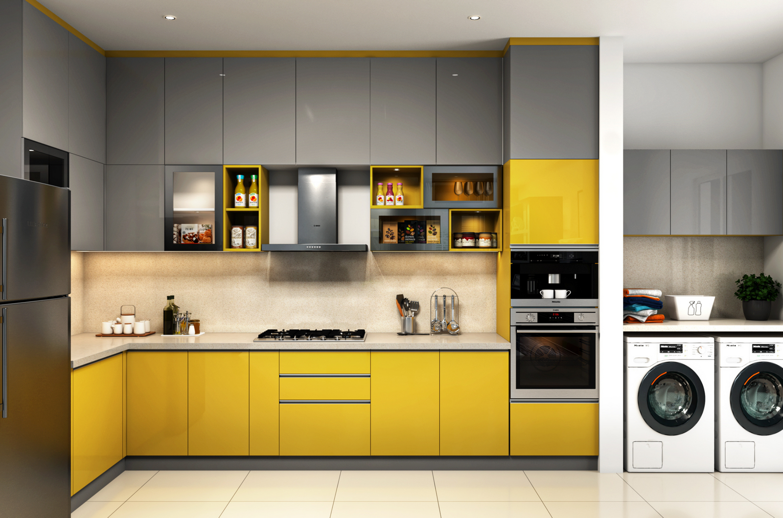 Modern yellow and gray kitchen with appliances and open shelving.
