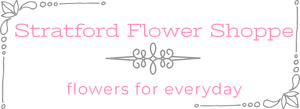 Pink logo reading “Stratford Flower Shoppe” with “flowers for everyday” and floral border