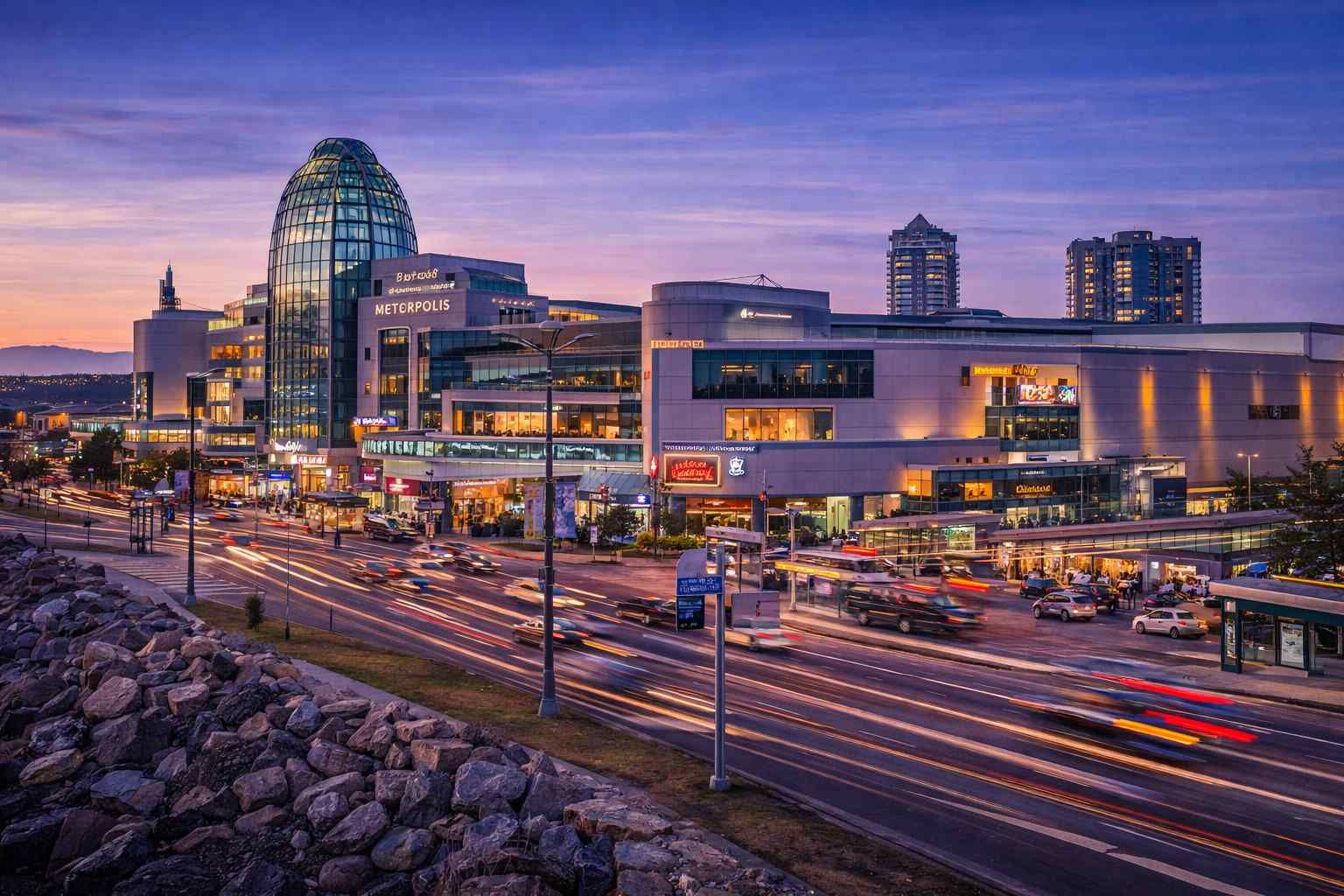 City skyline at dusk with light trails on a busy roadway and modern buildings glowing in purple-blue sunset.