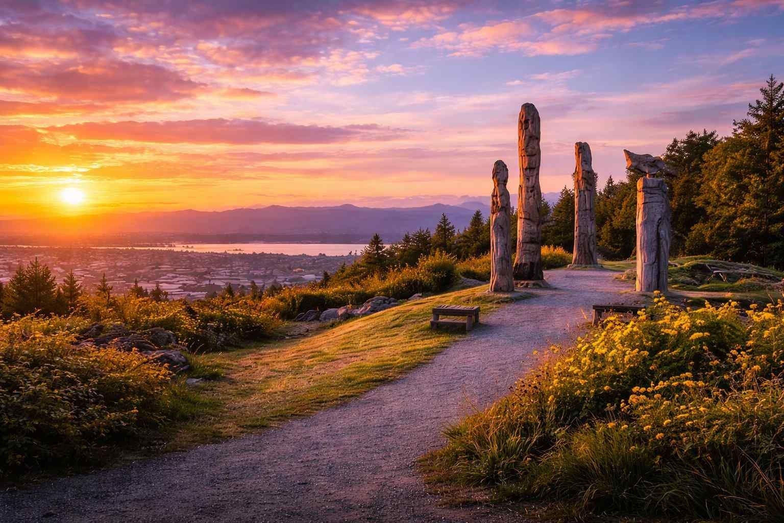 Sunset over a coastal path with stone pillars, wildflowers, and water in the distance