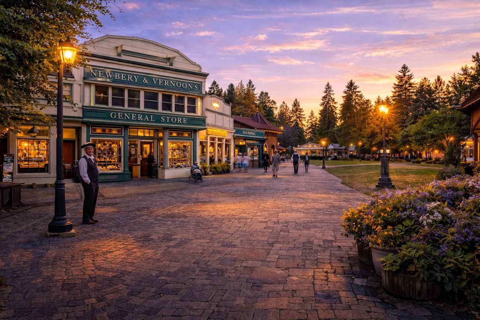 Sunset over a cobblestone plaza with a historic building, lampposts, and a few people walking
