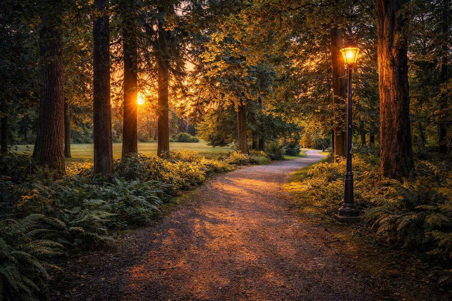 Glowing park path at dusk, lined with tall trees and warm lampposts