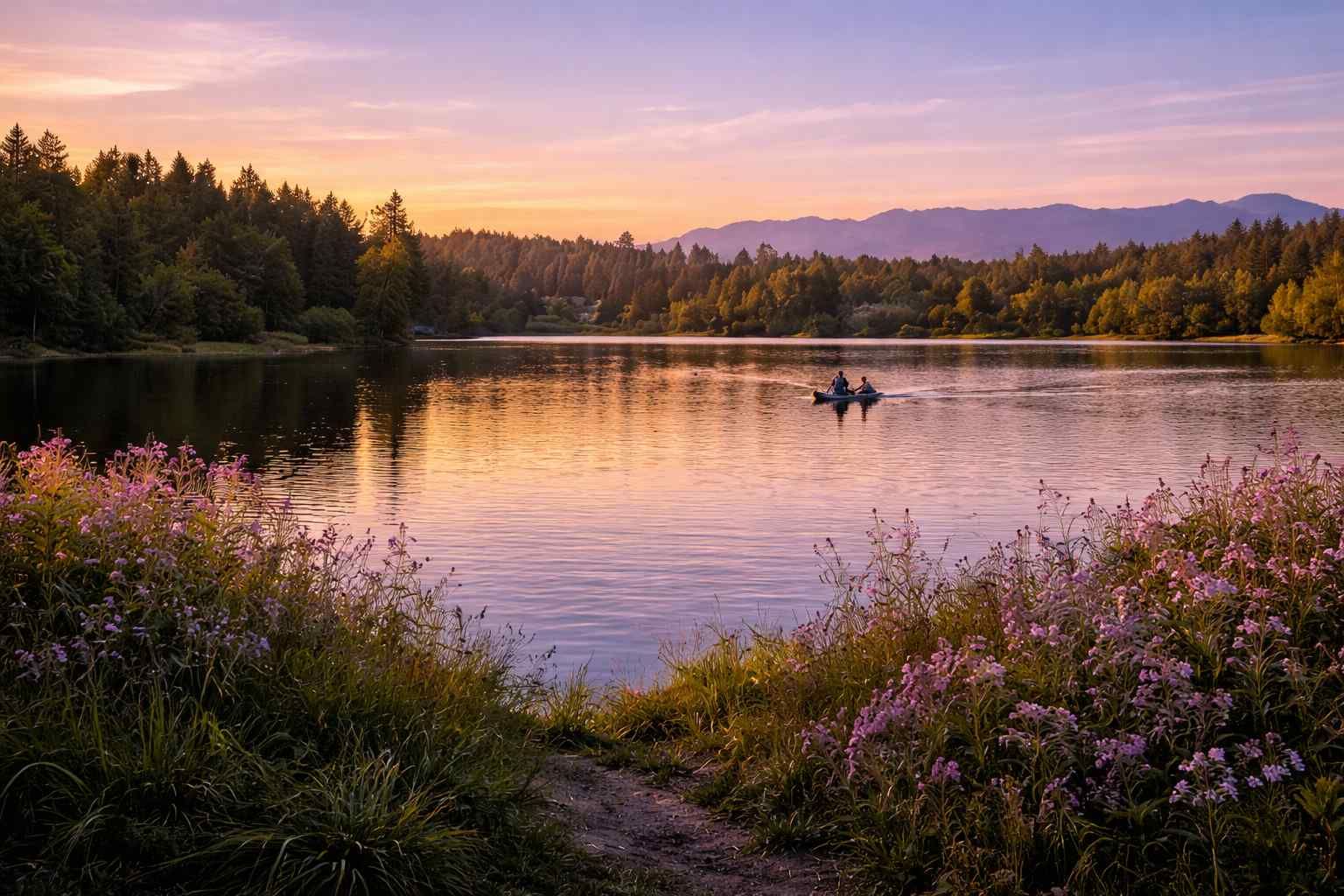 Sunset over a calm lake with a small boat, framed by trees and pink wildflowers