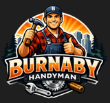 Burnaby Handyman logo with smiling worker holding hammer and wrench, in orange and black