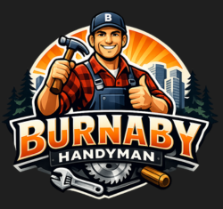 Burnaby Handyman logo with smiling worker holding hammer and wrench, in orange and black