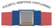 A blue and red shipping container with the words wichita shipping containers above it