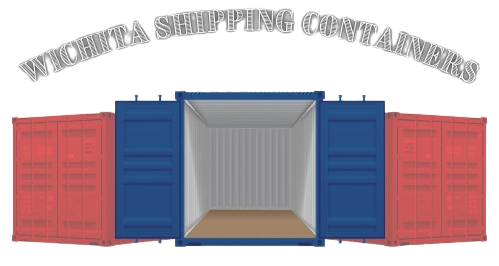 A blue and red shipping container with the words wichita shipping containers above it