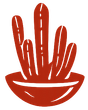 Red cactus-like plant in a round pot, with white line details on the plant.