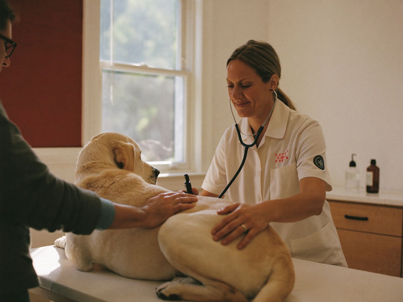 Veterinarian listening to a dog's heart during a wellness exam