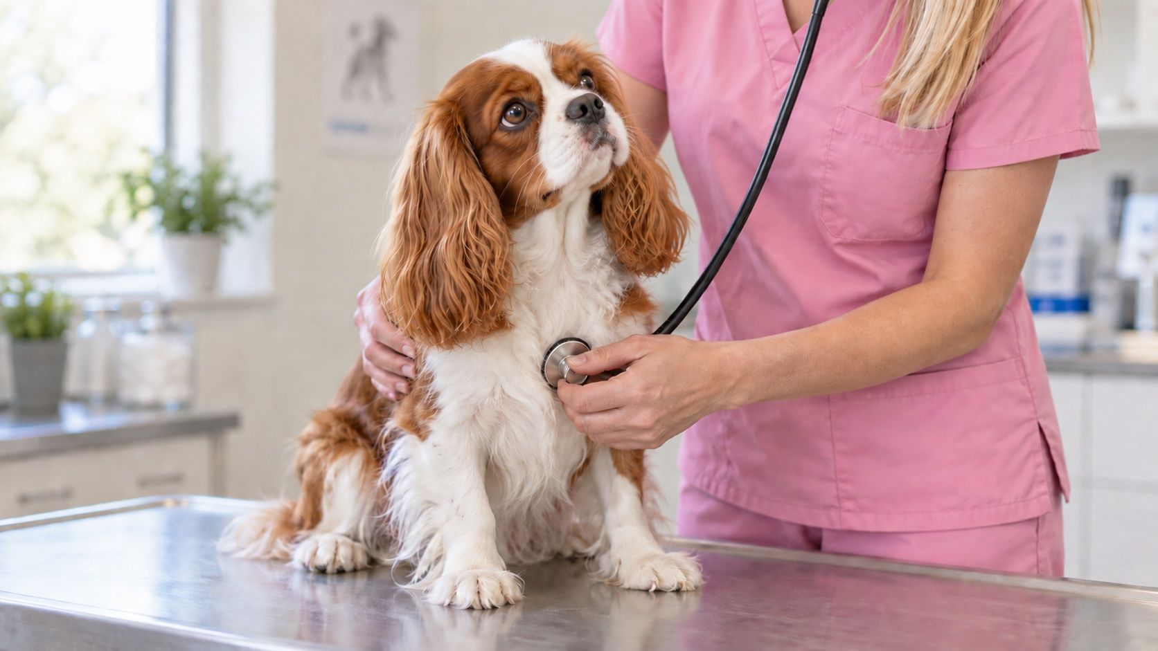 A Cavalier King Charles Spaniel on the exam table while a Paws & Claws technician listens with a stethoscope