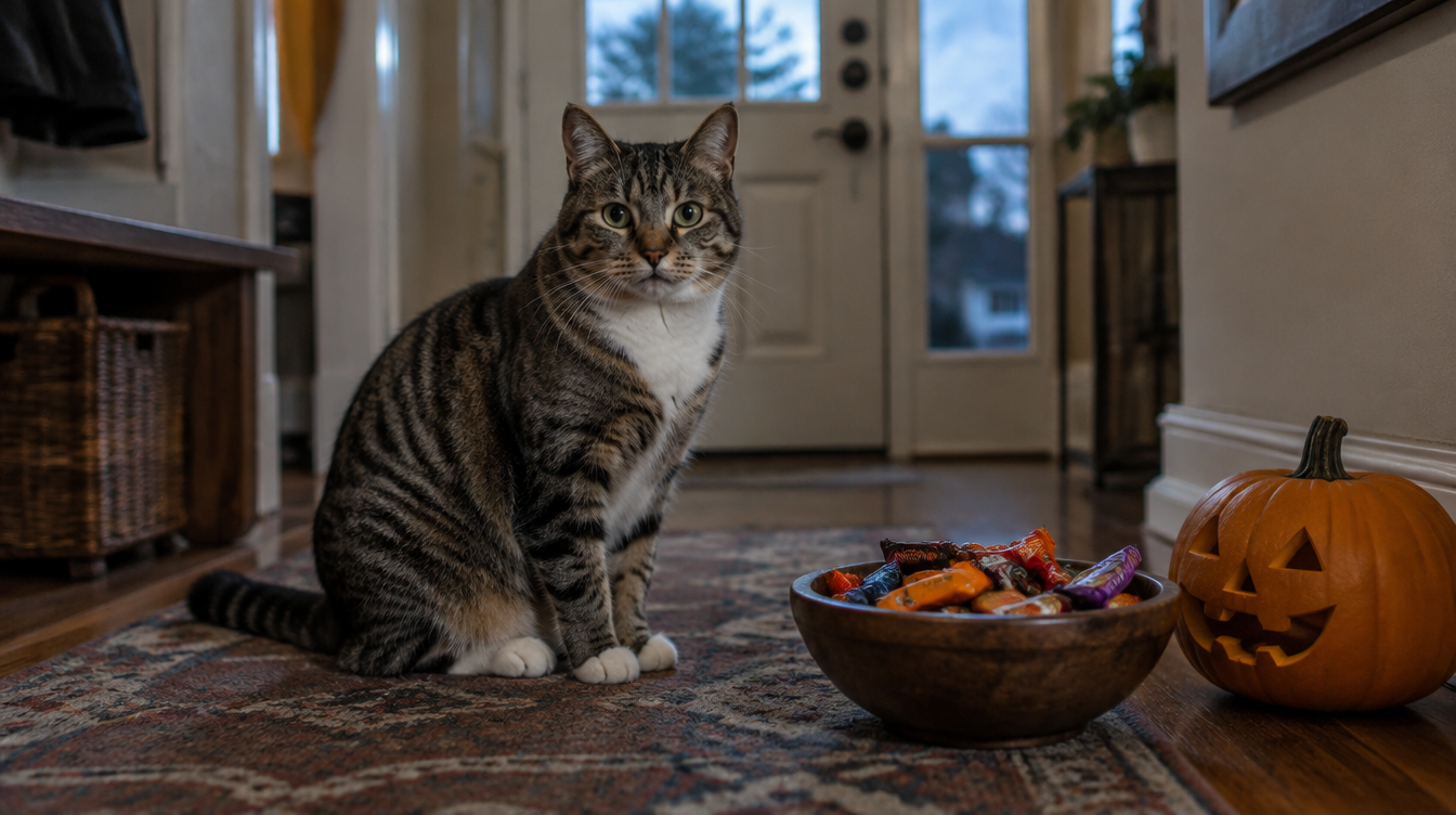Cat sitting by a bowl of Halloween candy near the front door