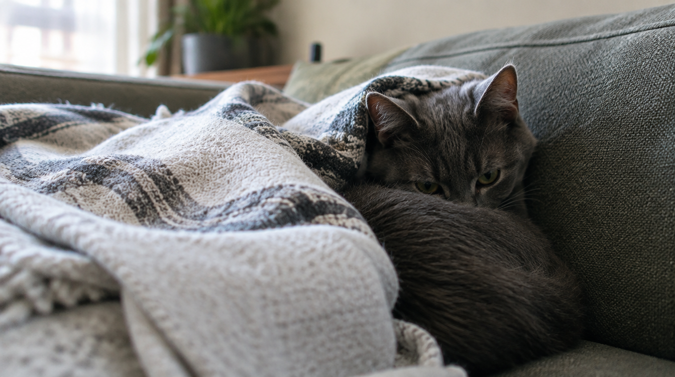 Gray cat curled up under a blanket on a couch