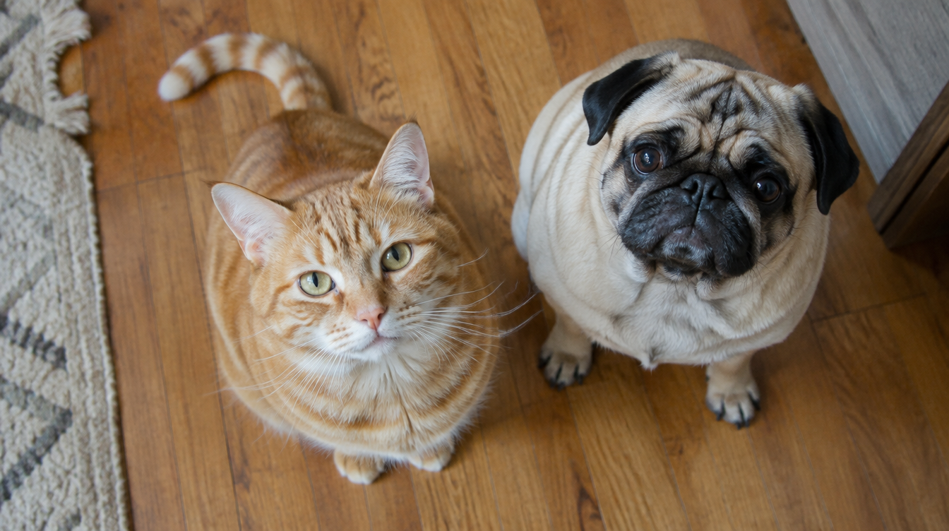 Orange tabby cat and pug sitting side by side looking up
