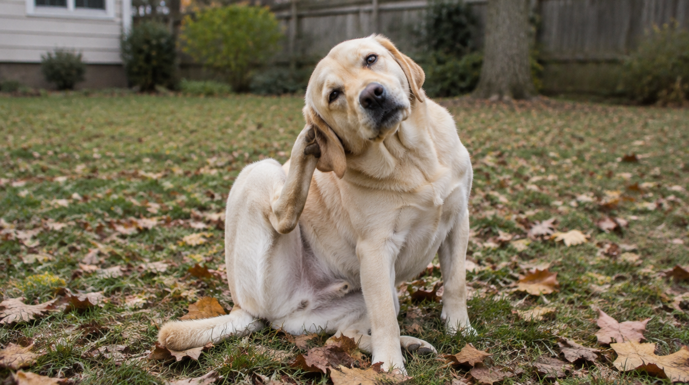 Labrador scratching its ear in a leafy fall backyard