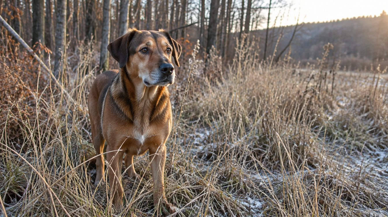 Dog standing in tall winter grass at the edge of the woods