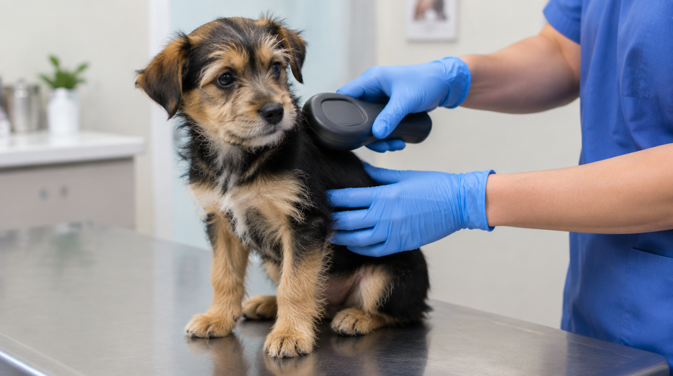 Puppy on an exam table being scanned for a microchip