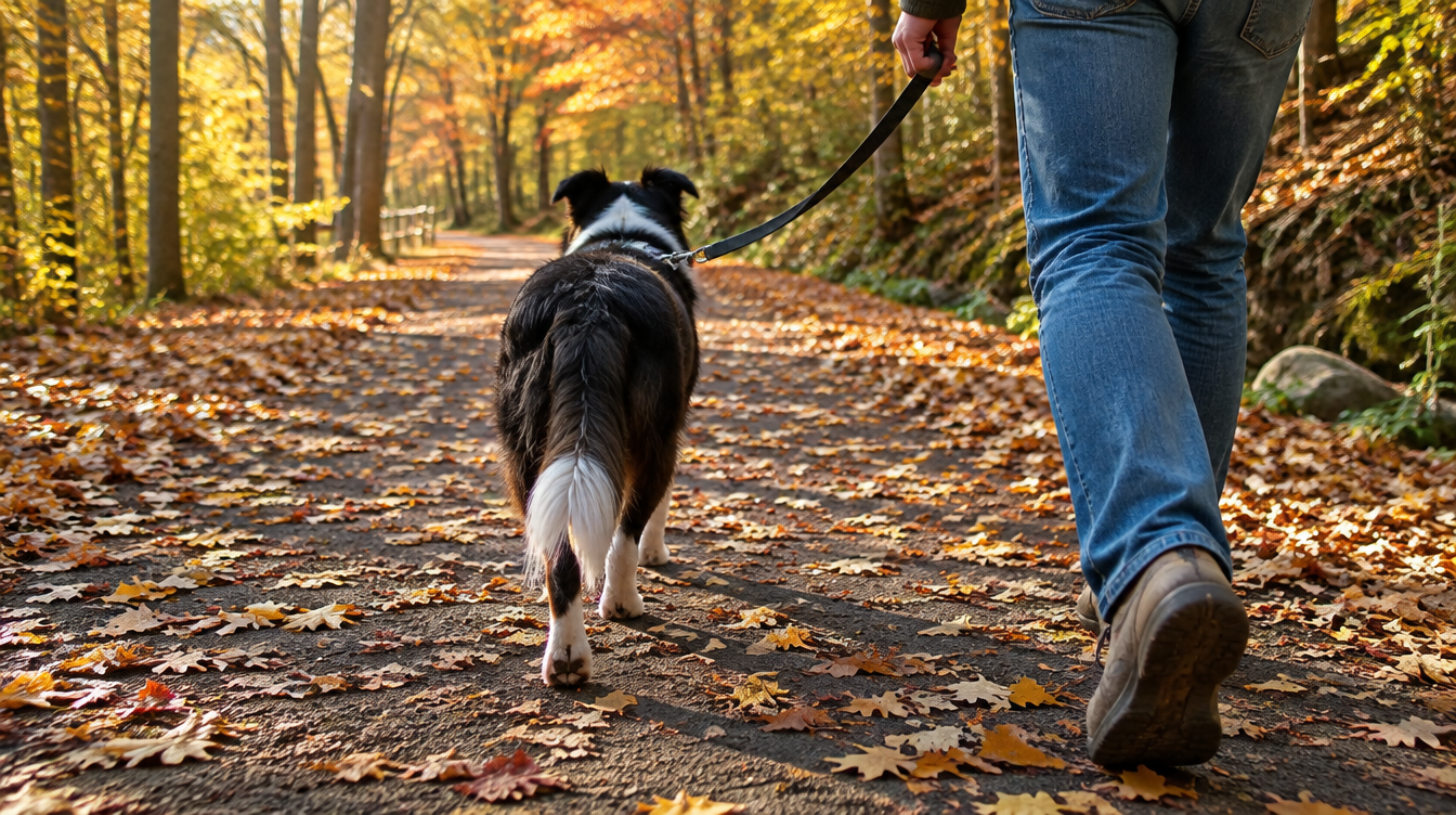 Dog on a leash walking a leaf-covered greenway trail in fall