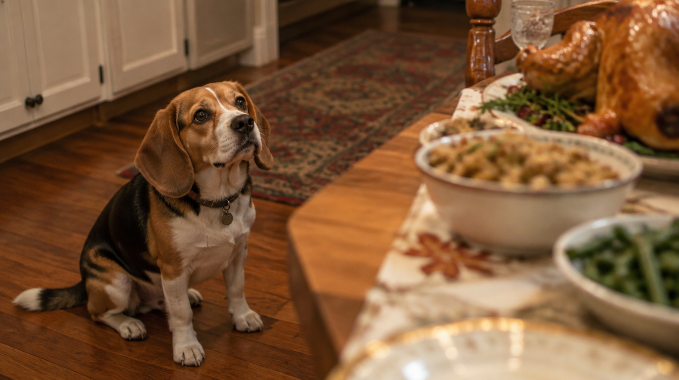 Beagle looking up at a Thanksgiving table