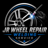 JR Wheel Repair welding service logo with a wheel, spark, and gloved hand on a black background