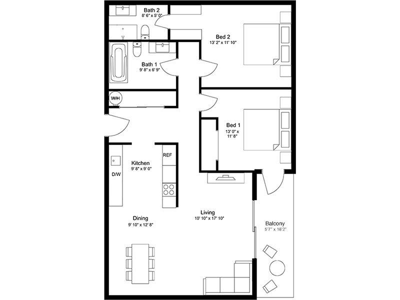 Floor plan 2 Bed, 2 Bath