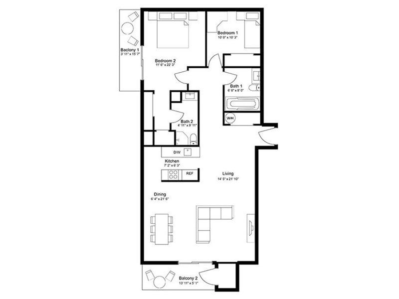 Floor plan 2 Bed, 2 Bath