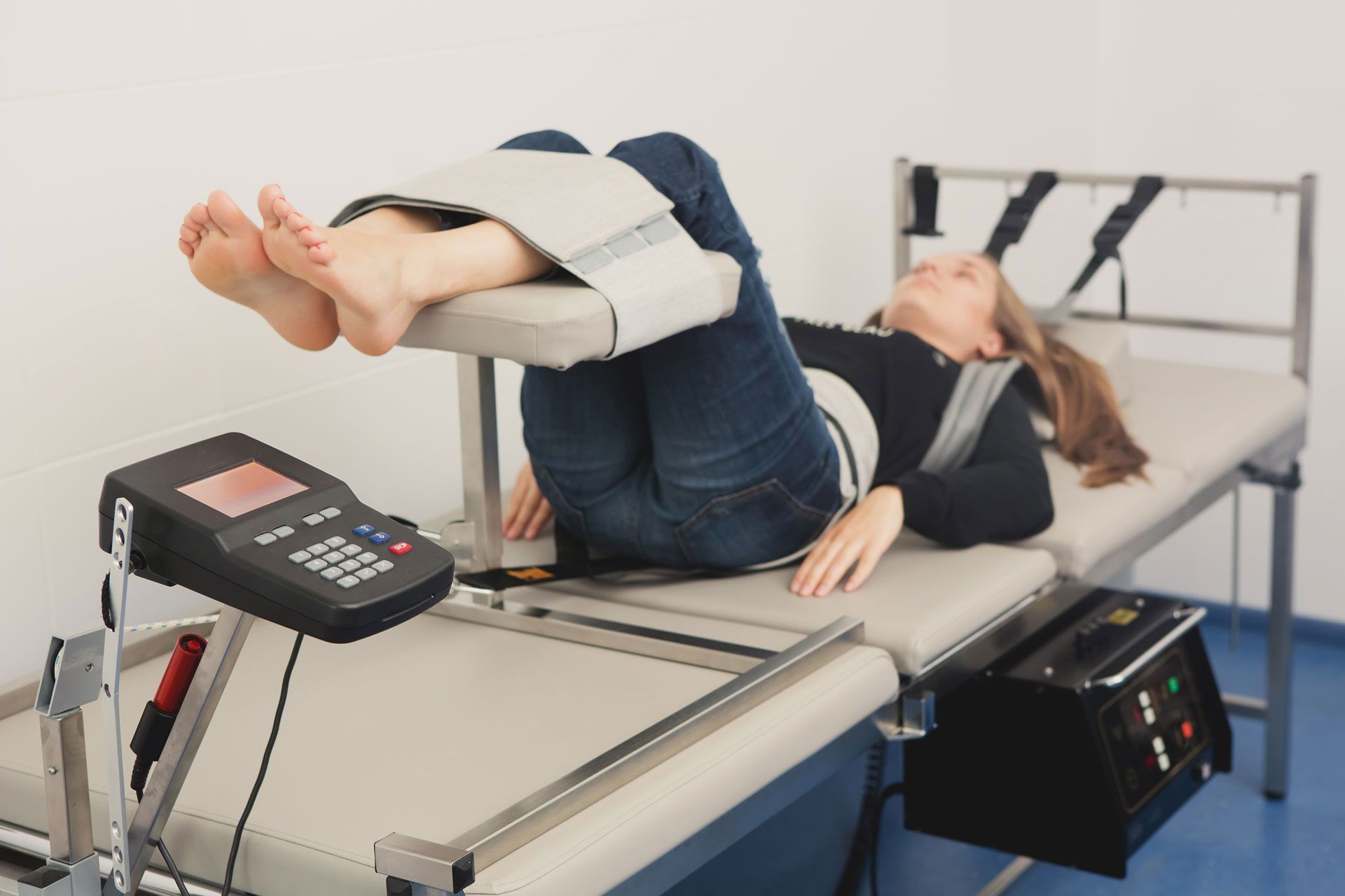 Woman undergoing traction therapy on a medical table, legs supported with straps, connected to a control unit.