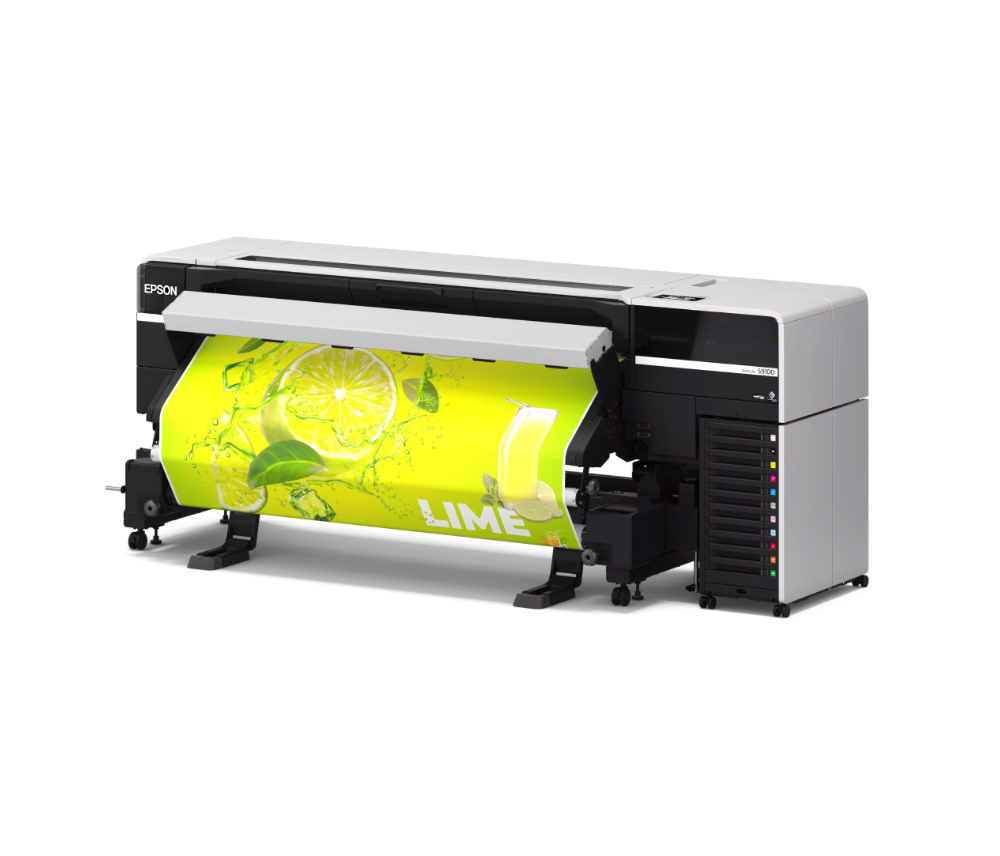 Wide-format printer printing a bright lime-green graphic on roll media