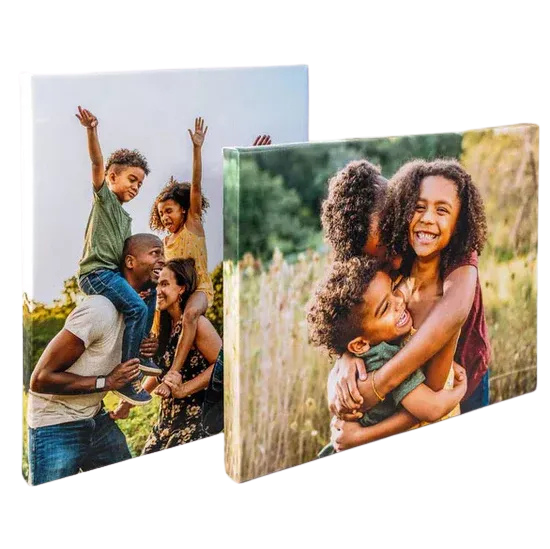 Two photo canvases of smiling family and friends outdoors, with one child on shoulders and another hug close-up