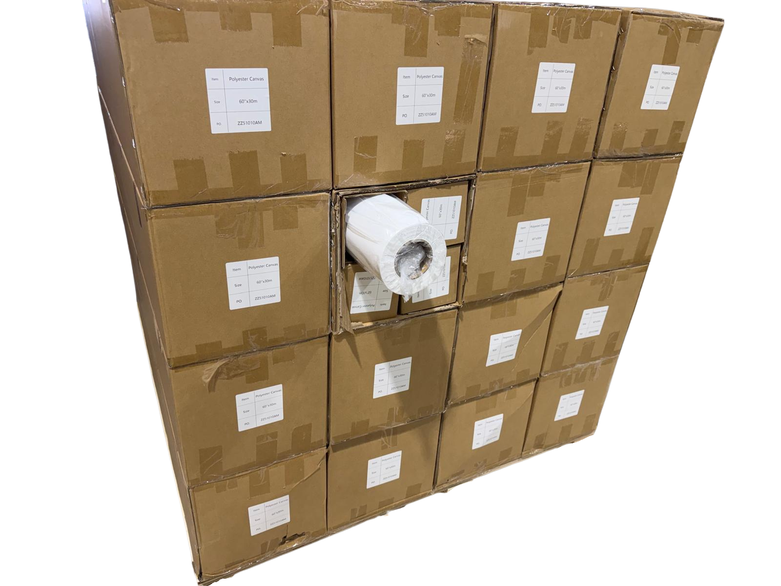Stacked cardboard boxes with a roll of white paper protruding from the center