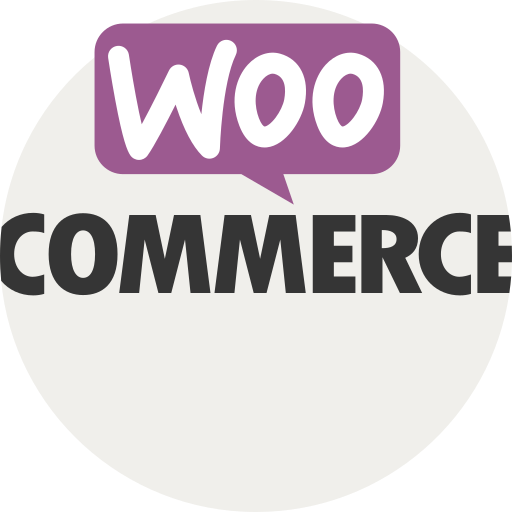 WooCommerce logo with purple speech bubble and black text on a light gray circle