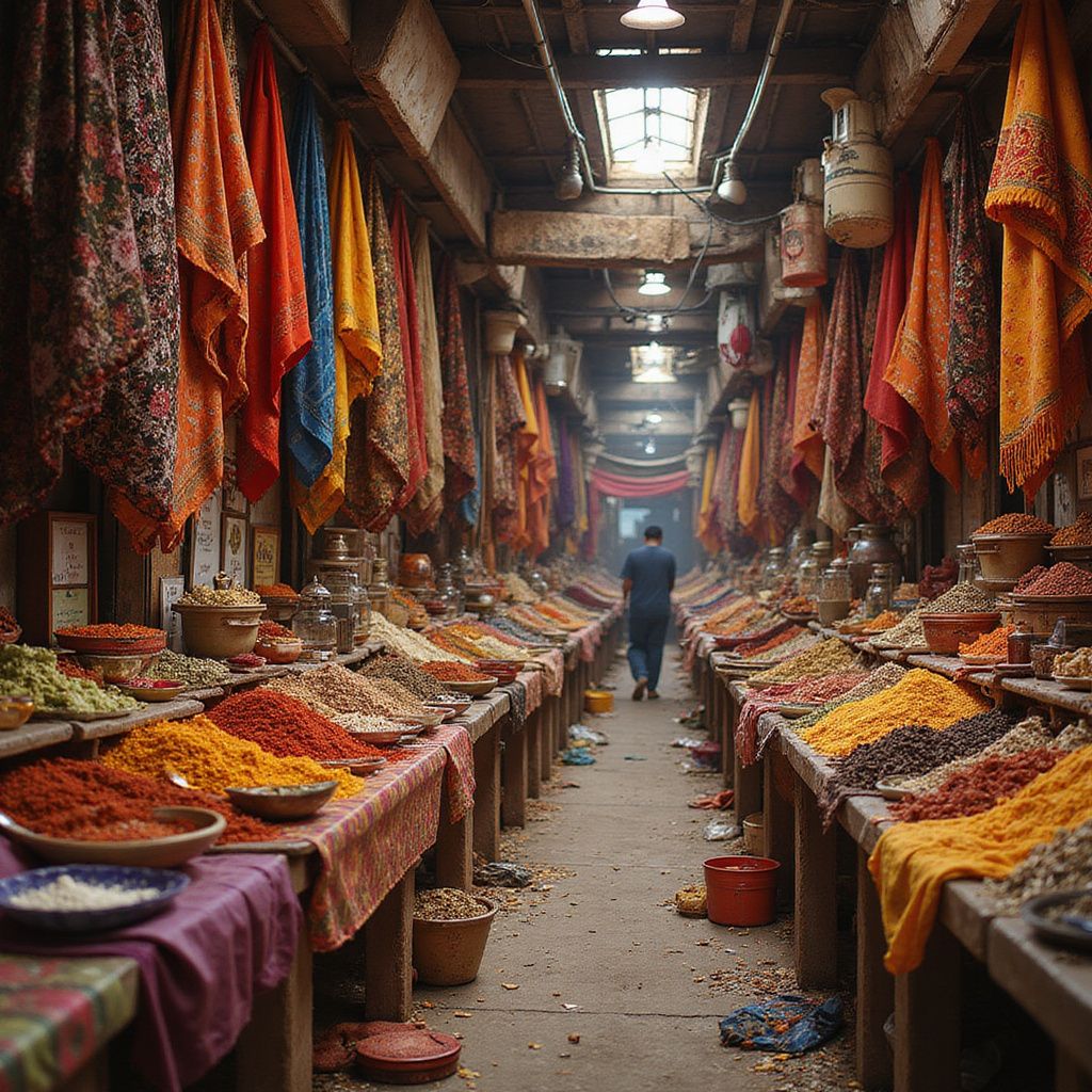 A person walks down the center aisle of a bustling spice market lined with vibrant fabrics and heaped piles of spices.