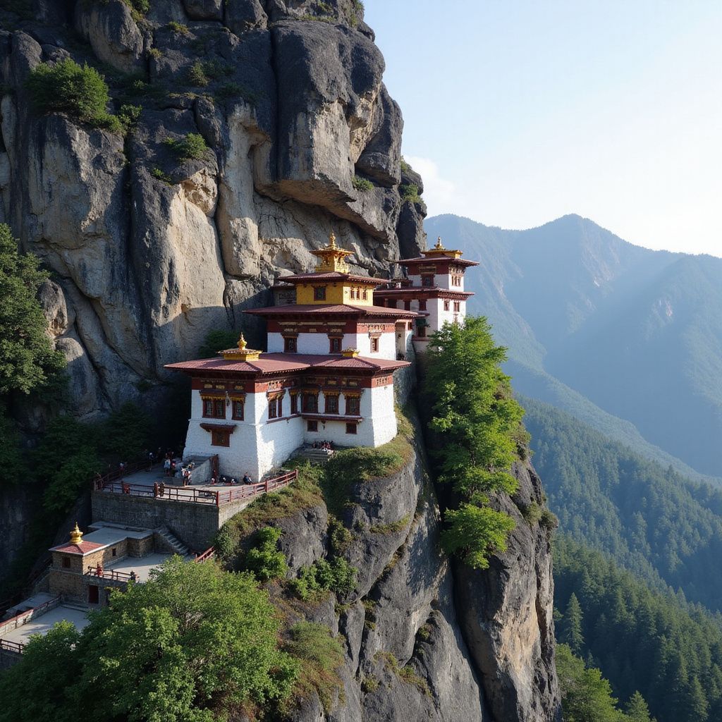 Paro Taktsang, a Buddhist monastery perched on a sheer cliff face in Bhutan, surrounded by forested mountains.