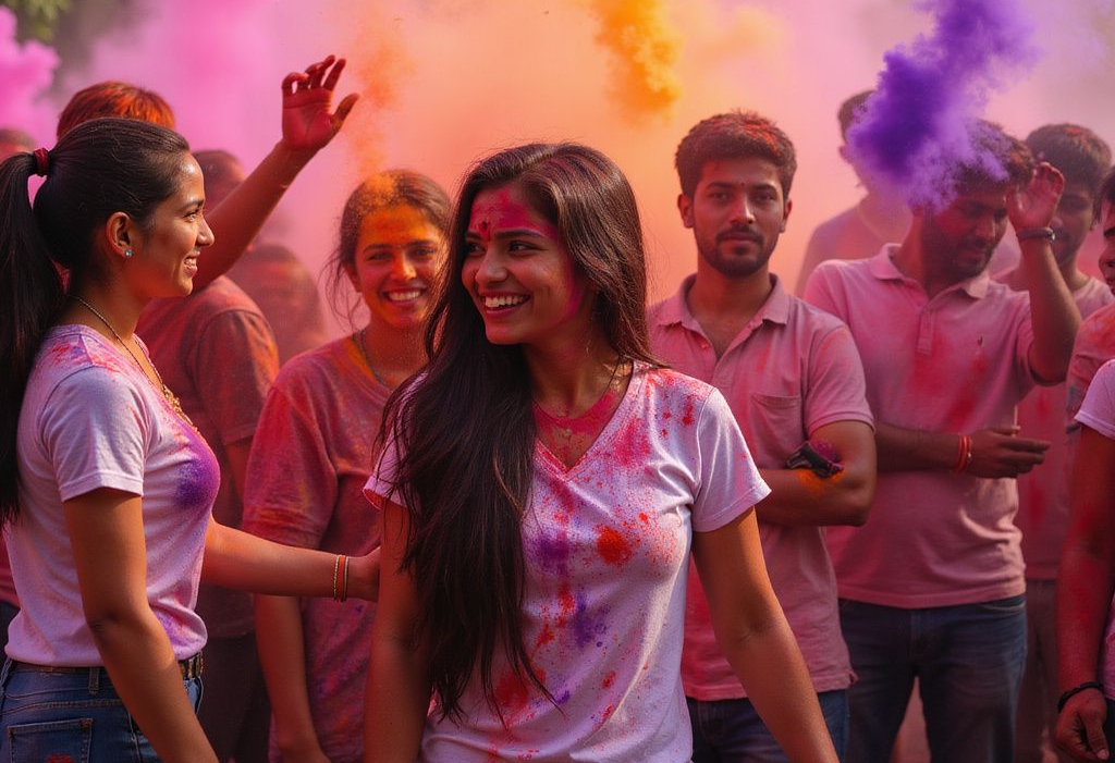 A group of people wearing white shirts celebrating Holi, covered in colorful powder with clouds of yellow and pink.