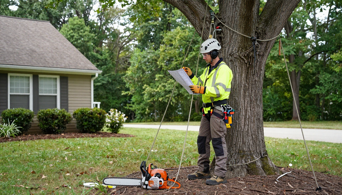 Professional tree removal planned safely beside a home