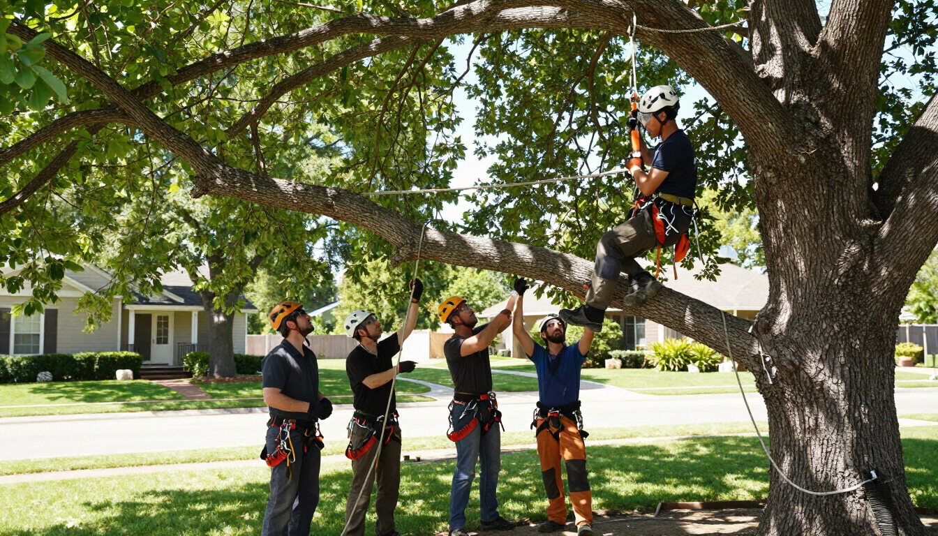 Arborist lowering a tree branch with controlled rigging